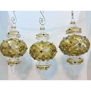 lot of 3 Christmas Ornaments Hand Blown Painted Glass Gold jewels green red 6X3"